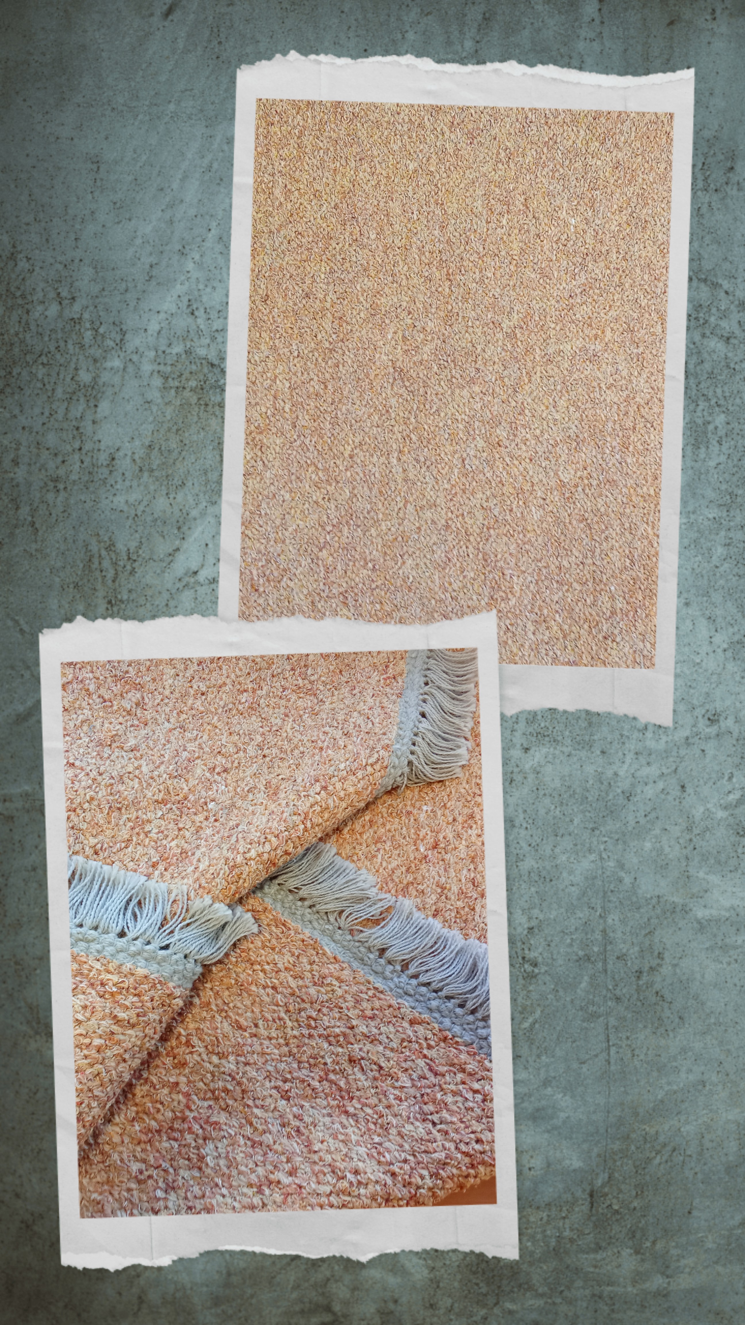 Zwei Fotos von handgefertigten, umweltfreundlichen Teppichen. Eines zeigt die Webart, das andere eine aufgerollte Ecke mit Fransen