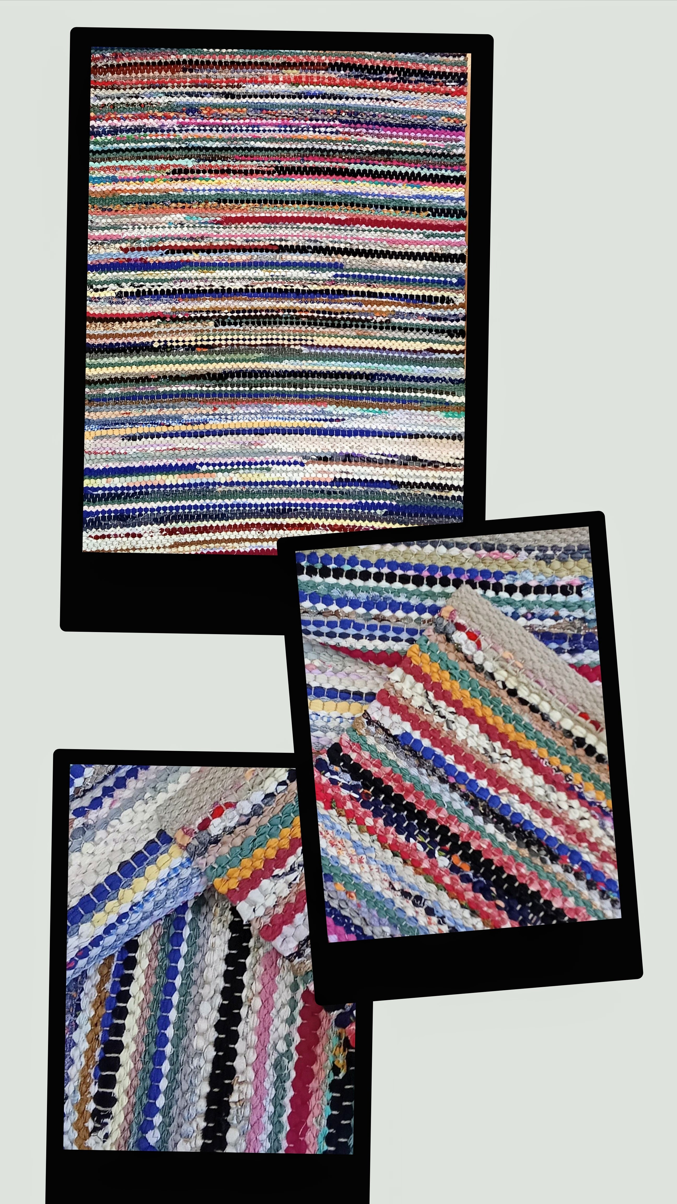 Eine Collage aus drei Fotos zeigt farbenfrohe, handgefertigte Teppiche, die in den Werkstätten aus recycelten Materialien hergestellt wurden