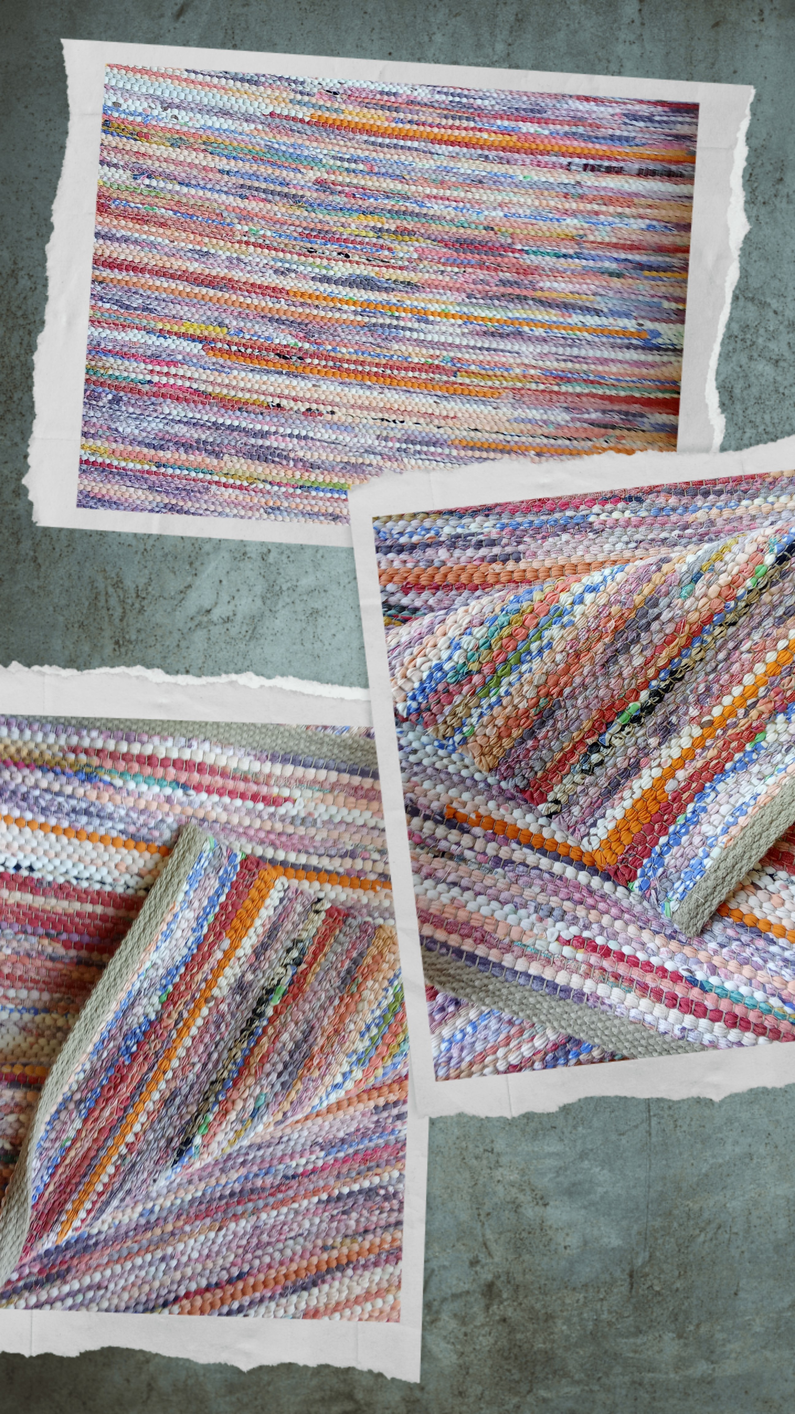 Collage aus drei Bildern, die handgefertigte, Teppiche zeigen, hergestellt aus recyceltem Material und lebendigen Farben