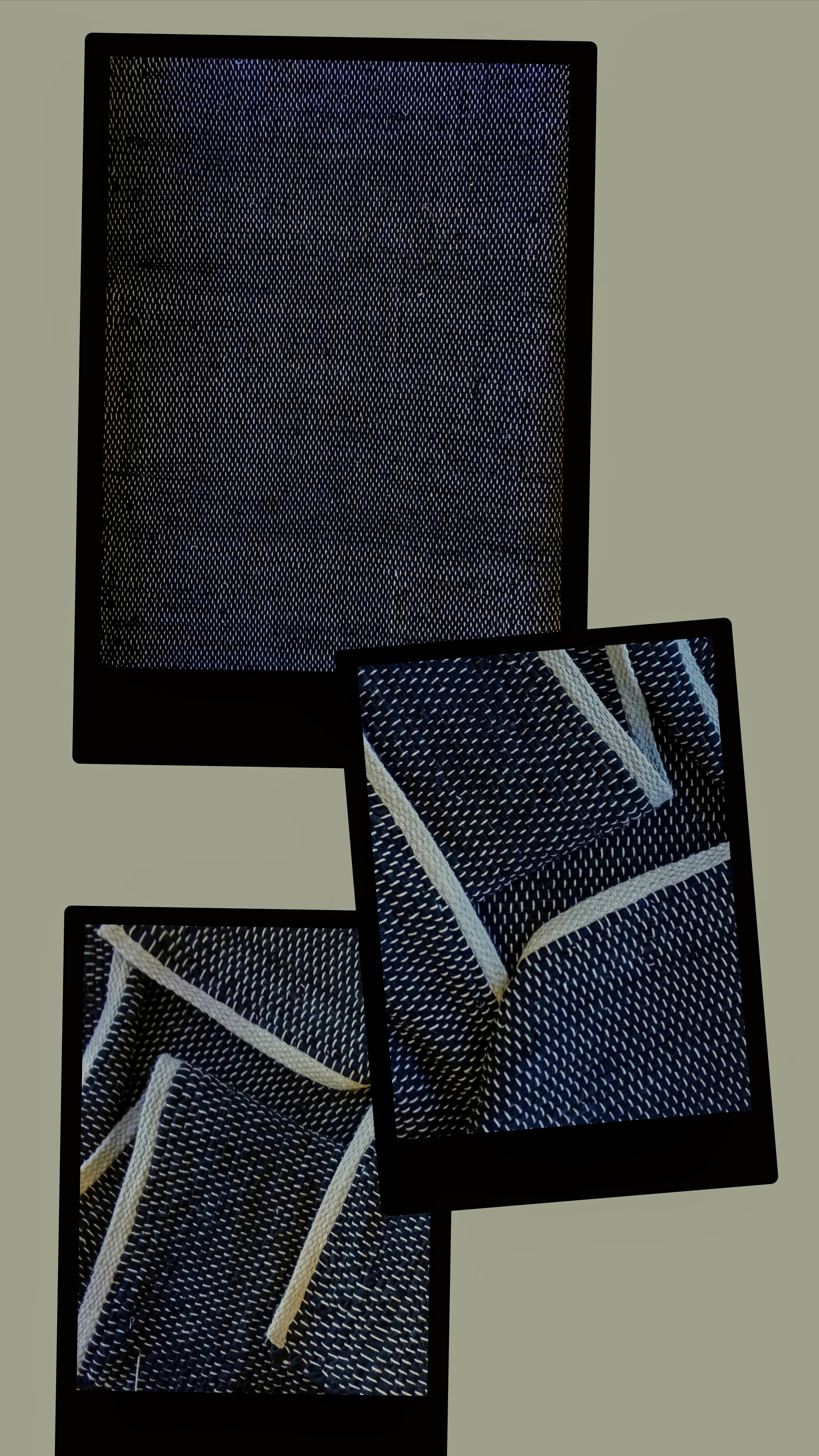 Collage aus drei Fotos eines dunkelblauen, handgefertigten Teppichs mit Fischgrätmuster und hellen Streifen, hergestellt von unseren Nutzern