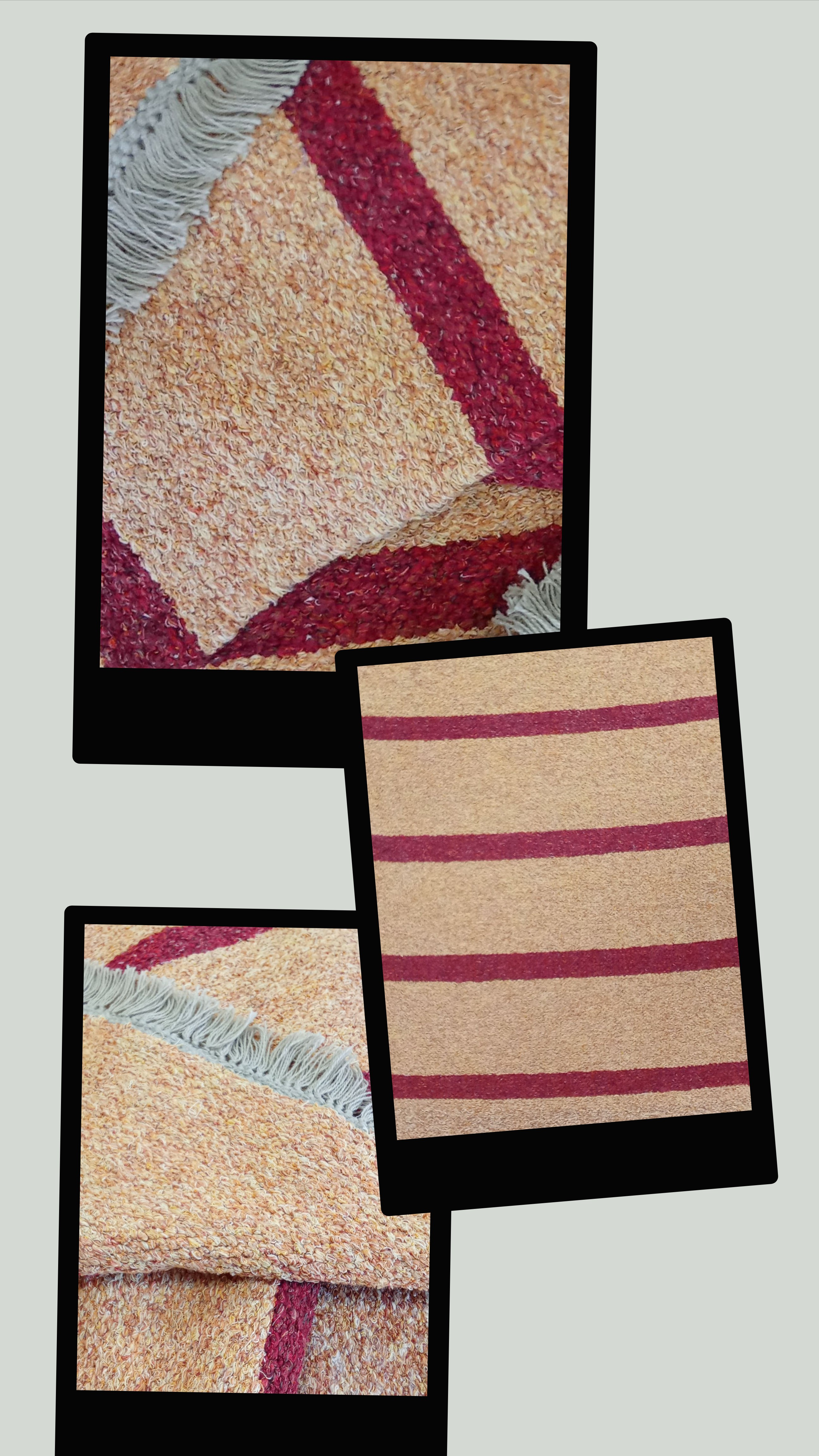 Eine Collage aus drei Fotos zeigt handgefertigte Teppiche aus recycelter Kokosfaser, mit roten Streifenmustern auf beigem Hintergrund und hellen Fransen