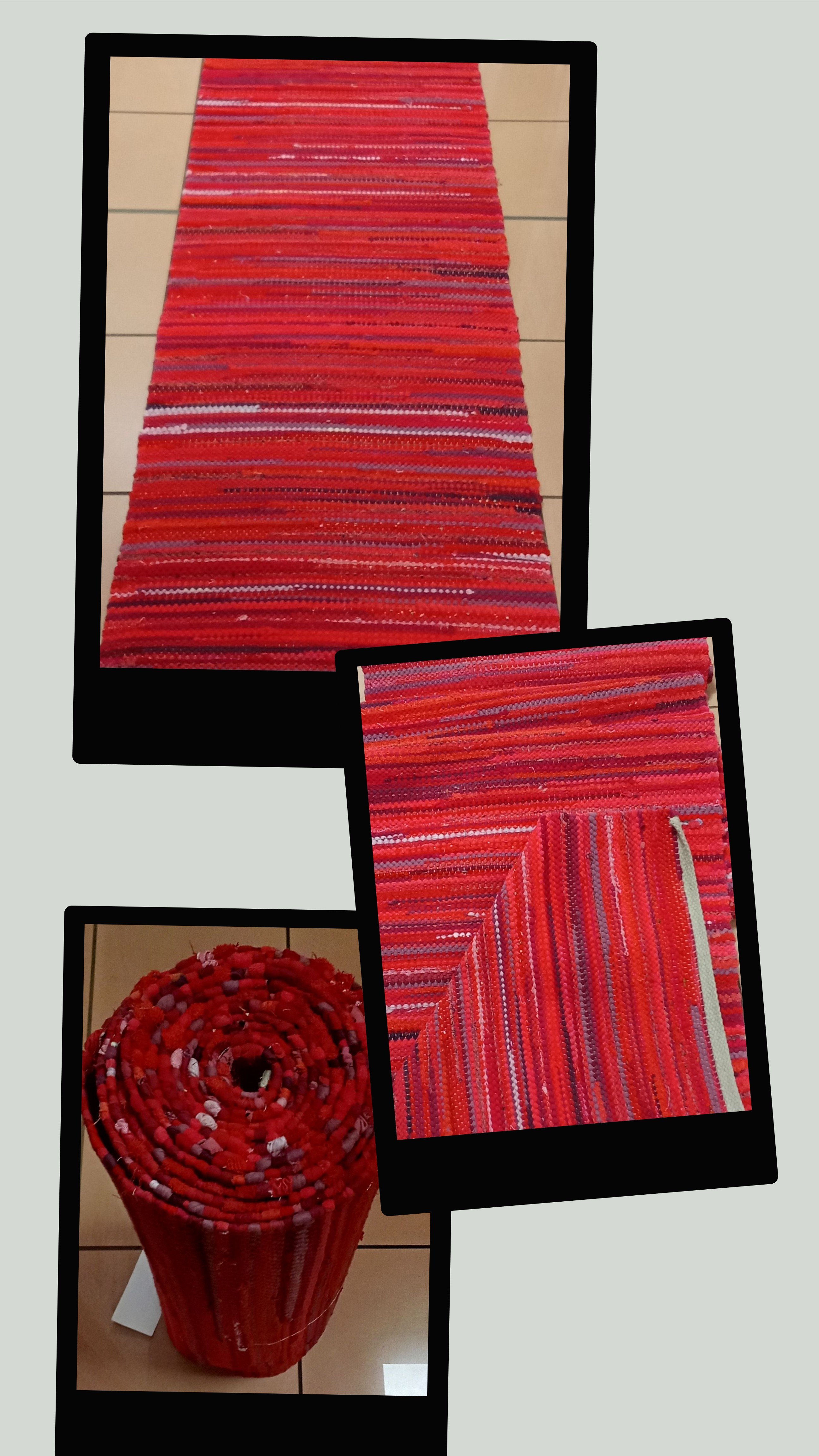 Nahaufnahme eines handgefertigten rot-violetten Teppichs, hergestellt aus recycelten Materialien in der Werkstatt