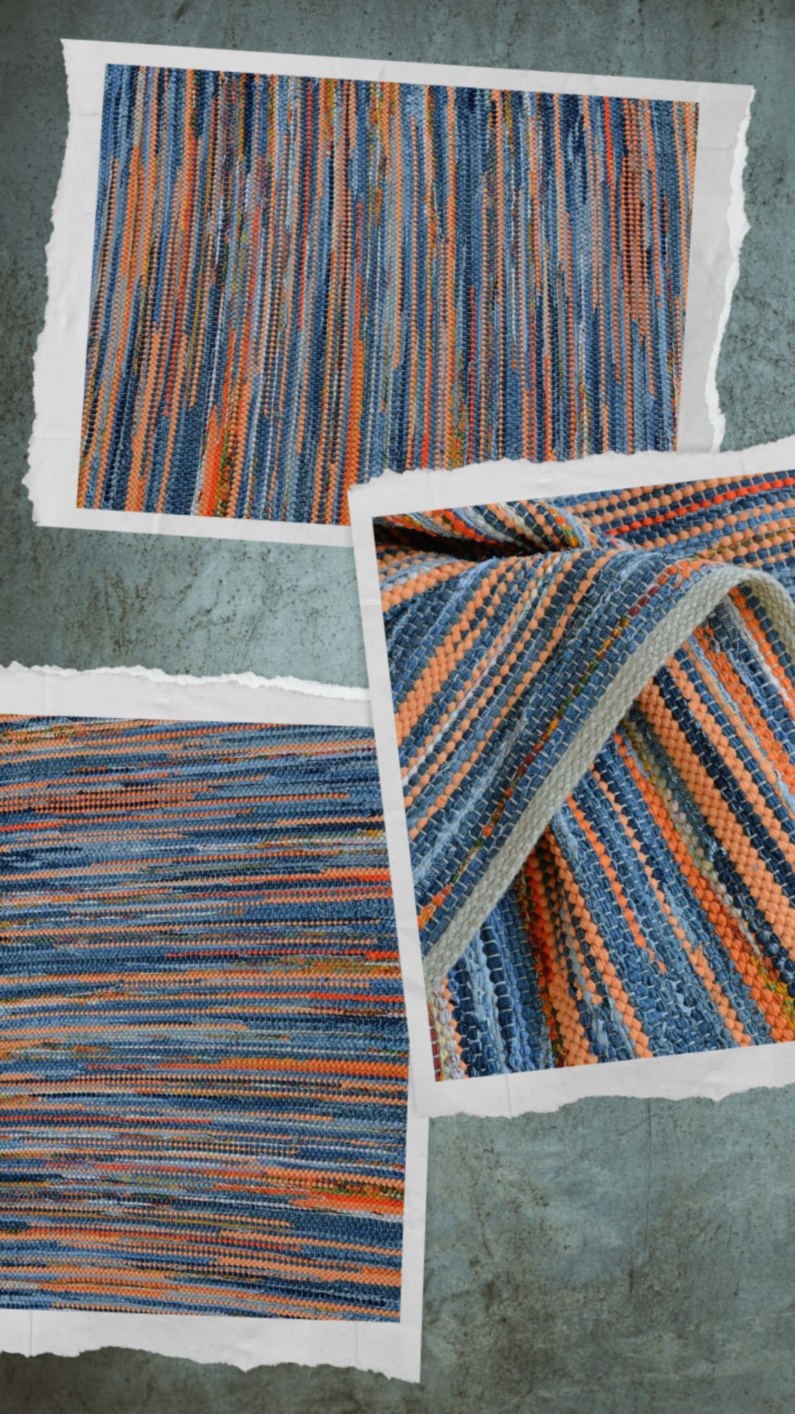 Drei Bilder von handgefertigten, Teppichen aus recycelter Baumwolle mit blauen und orangefarbenen Streifen