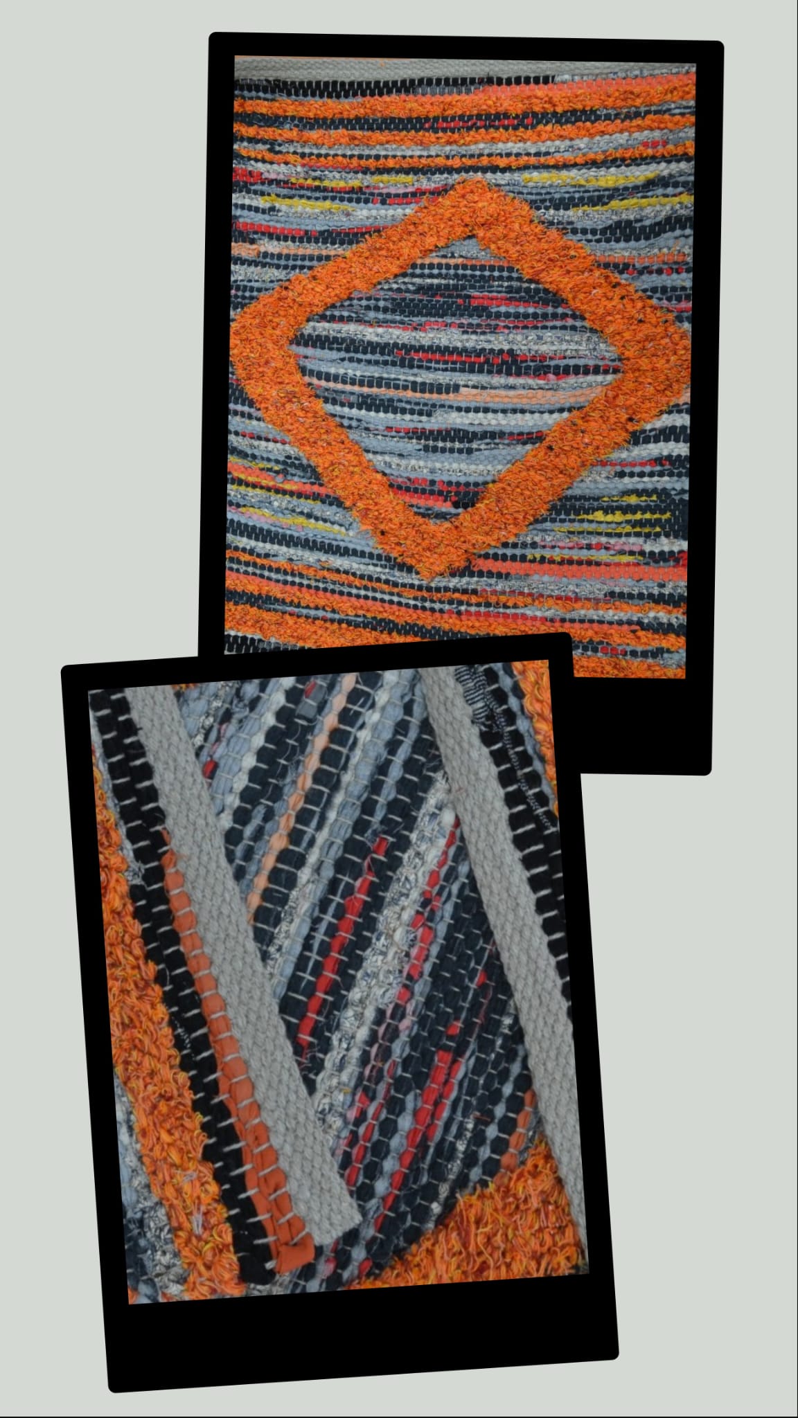 Zwei Fotos von handgefertigten Teppichen aus recyceltem Stoff, mit orangefarbenen geometrischen Mustern und farbigen Streifen