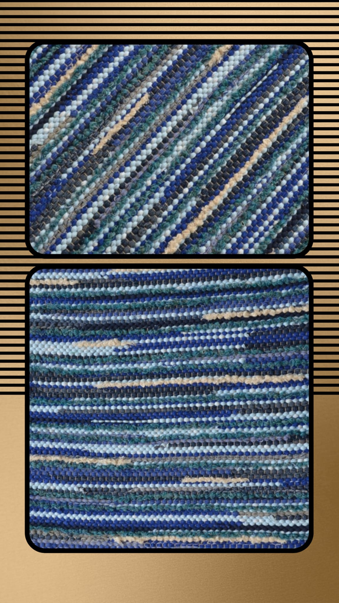 Due tappeti fatti a mano in tessuto riciclato, uno con strisce diagonali e uno con strisce orizzontali, nei toni del blu, verde e beige