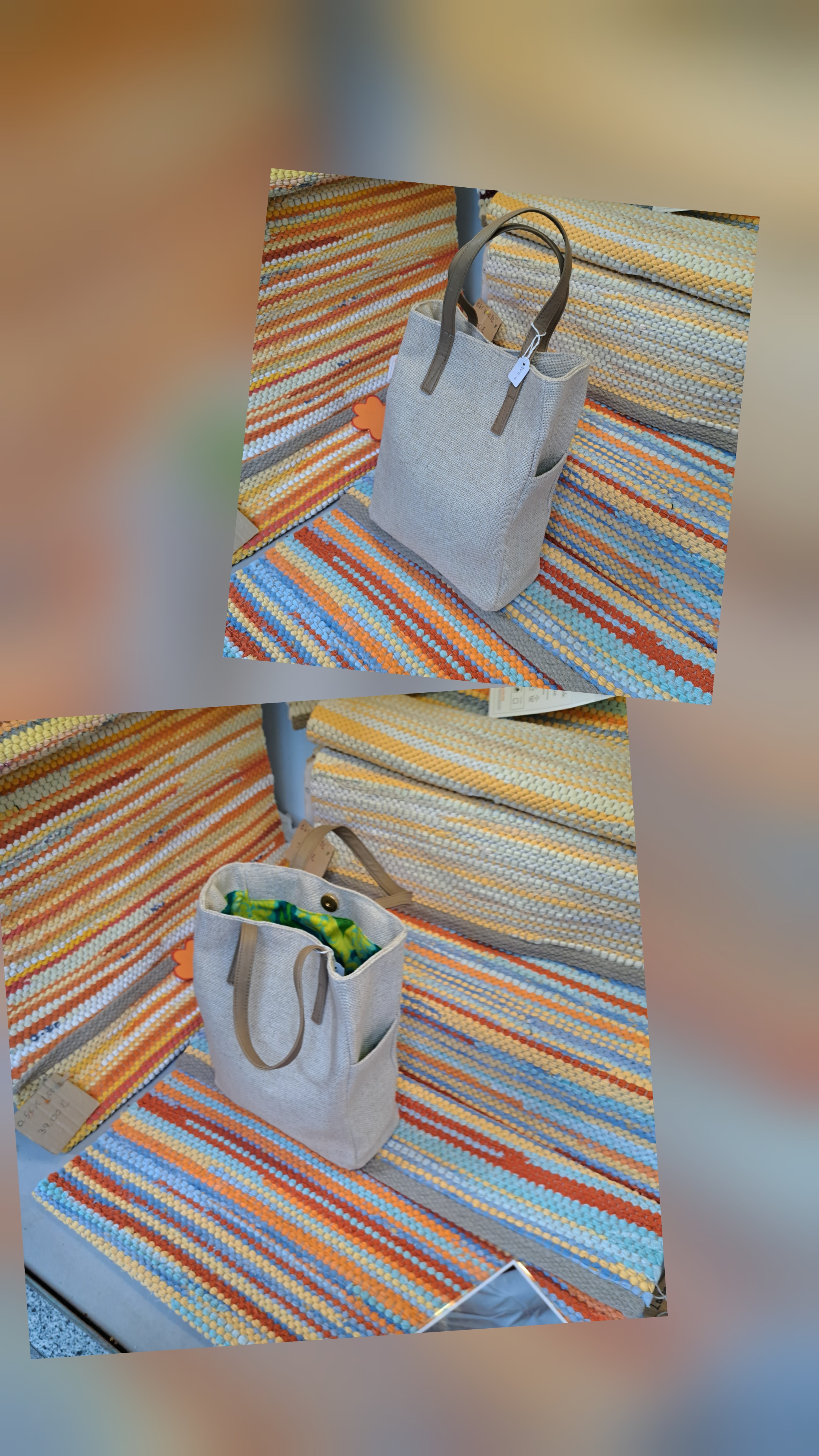 Zwei Taschen aus recyceltem Stoff auf handgefertigten, farbigen gestreiften Teppichen, hergestellt von den Nutzern