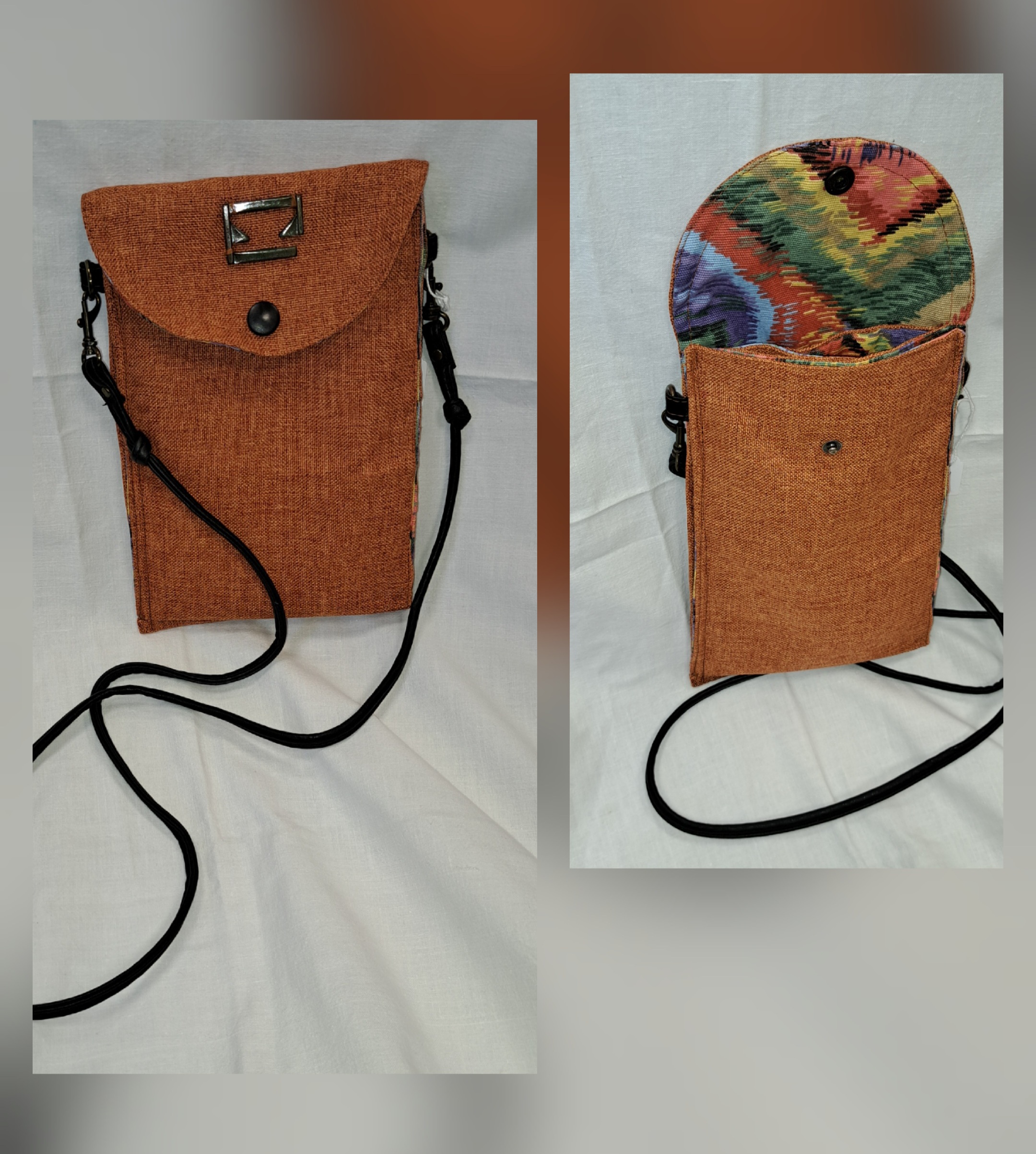 Zwei handgemachte Geldbeutel aus recyceltem orangefarbenem Stoff, einer geschlossen und einer offen mit buntem Futter