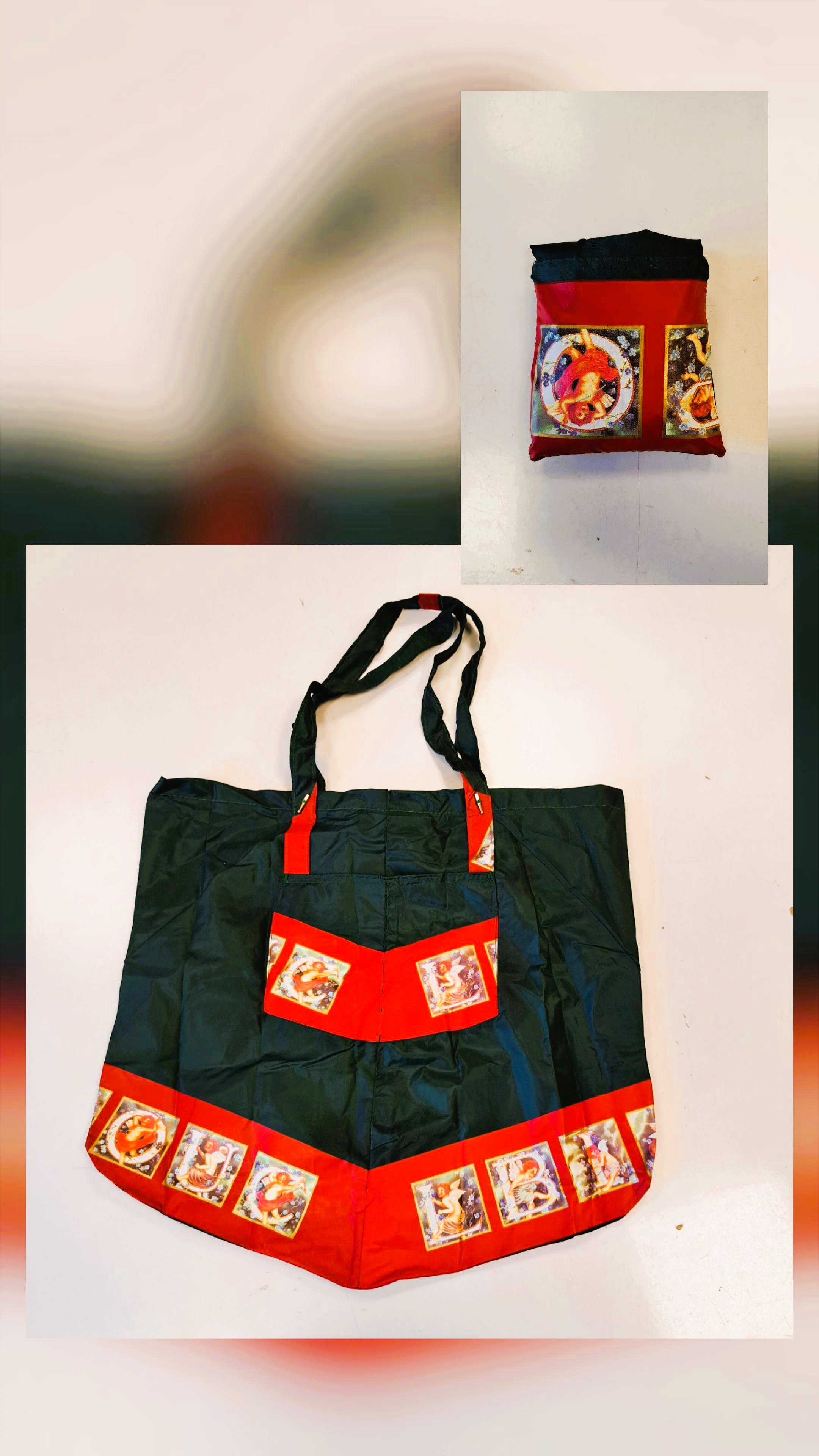 Dunkelgrüne Einkaufstasche aus recyceltem Stoff mit roten Einsätzen und Engelbildern, gefaltet und geöffnet