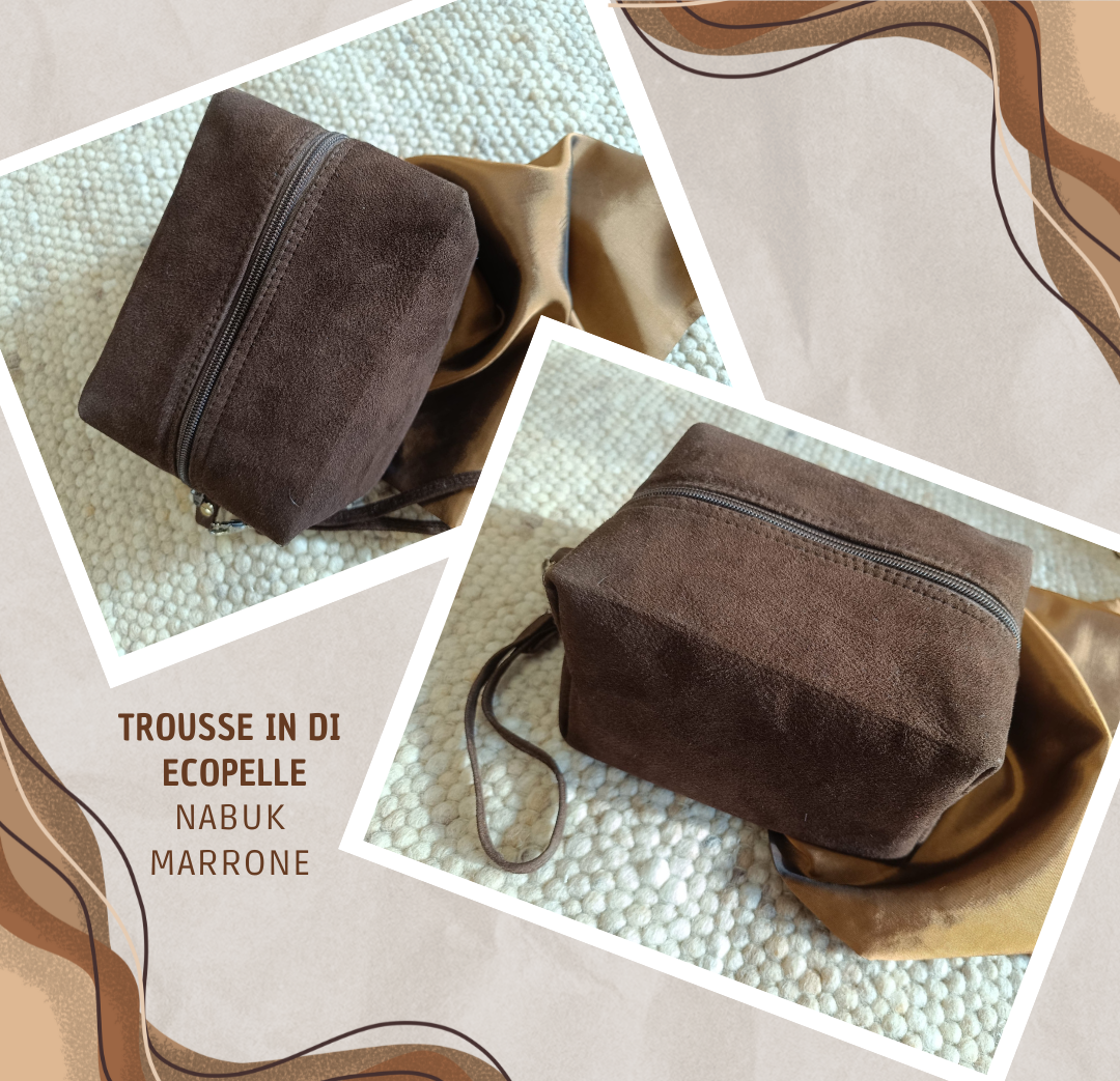 Beauty case artigianale in similpelle nabuk marrone, realizzato da utenti, simbolo di integrazione lavorativa